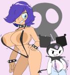 1girl 2_girls anthro areola areola areola_slip big_breasts big_breasts blue_eyes blue_hair blush breasts cassettedream casual clothing collar crossover dream-cassette duo hi_hi_puffy_amiyumi hoshime human kuromi looking_at_viewer mob_face neckwear nipple_bulge one_eye_obstructed onegai_my_melody pale_skin pink_background sanrio short_hair shortstack sling_bikini smile spiked_armband spiked_bracelet spiked_collar swimwear tagme tomboy voluptuous wristwear yumi_yoshimura