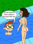   1boy 1girl 2024 aged_up ass ass breasts brown_hair disney disney_channel english_text grown_up june_(little_einsteins) leo_(little_einsteins) little_einsteins male/female matiriani28 nipples pool sexy sideboob skinny_dipping tagme