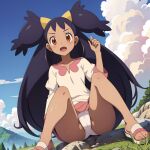 1girl ai_generated black_hair brown_eyes cameltoe creatures_(company) dark-skinned_female female_focus game_freak iris_(pokemon) long_hair nature nintendo open_mouth panties pokemon_(anime) sandals sitting stable_diffusion younger_female