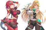  2_girls ailf alluring big_breasts blonde_hair clothed long_hair milf mythra nintendo pin_up pyra red_eyes red_hair short_hair sssemiii stretching working_out workout xenoblade_(series) xenoblade_chronicles_2 yellow_eyes 