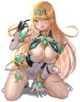  1girl absurd_res alluring bare_legs bare_shoulders big_breasts blonde_hair blush boots cleavage core_crystal dress dripping elbow_gloves female_only high_res hourglass_figure kneel long_hair monolith_soft mythra nintendo on_knees popsicle sssemiii sweat sweat_on_breasts sweatdrop thick_thighs thighs tongue very_long_hair voluptuous white_boots white_gloves wide_hips xenoblade_(series) xenoblade_chronicles_2 yellow_eyes 
