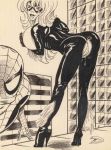 anti_hero anus ass black_bodysuit black_cat_(marvel) blue_eyes breasts caucasian caucasian_female cleavage clothed_female comic_book_character domino_mask felicia_hardy hairless_pussy huge_breasts light-skinned_female lipstick long_hair makeup marvel marvel_comics mask mature_female monochrome peter_parker pussy pussy_juice red_lipstick rob_durham skin_tight skintight_bodysuit spider-man spider-man_(series) unzipped unzipped_bodysuit white_hair