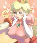  1girl big_breasts blonde_hair blue_eyes blush breasts crown dress english erect_nipples hands_on_own_face heart impossible_clothes impossible_dress jewelry large_breasts lips long_hair maou_alba mario_(series) mushroom pink_dress princess_peach puffy_sleeves sexually_suggestive solo super_mario_bros. 