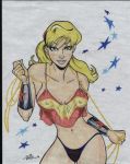  1girl 2015 amazon artist_request blonde_hair blue_eyes bracelet cassie_sandsmark color colored dc dc_comics erect_nipples female female_only human human_only long_hair looking_at_viewer nipples ponytail see-through smile solo teen_titans thong tied_hair uncensored underwear wonder_girl wonder_woman_(series) 