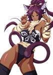  1girl animal_ears bare_shoulders bleach blush breasts cameltoe cat_ears cat_pose cat_tail covered_nipples dark_skin erect_nipples female fingernails jeibii leotard long_hair looking_at_viewer nipples paw_pose ponytail purple_hair shihouin_yoruichi smile solo tail thighhighs very_dark_skin yellow_eyes 