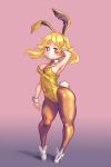  1girl blonde_hair bunny_ears bunny_girl bunnysuit cleavage clothed_navel cutesexyrobutts disgaea disgaea_5 gradient_background looking_at_viewer necktie_between_breasts nippon_ichi purple_eyes shiny shiny_clothes short_hair standing stockings usalia 