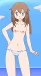  1girl :o arm arms art artist_request babe bare_arms bare_legs bare_shoulders blue_(pokemon) blue_eyes brown_hair cloud collarbone flat_chest food fruit hand_on_hip holding horizontal_stripes humans_of_pokemon leaf_(pokemon) legs long_hair looking_at_viewer navel neck nintendo nipples open_mouth panties pokemon pokemon_(game) pokemon_frlg shy sky standing striped striped_panties topless 