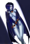  1girl blush breasts cape dc dc_comics female female_only forehead_jewel leotard nipples partially_clothed raven_(dc) short_hair solo standing superheroine teen_titans 