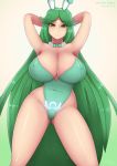  beige_skin big_breasts breasts bunny_ears bunny_girl bunnysuit cleavage erect_nipples female green_eyes green_hair kid_icarus nipples palutena see-through smile solo super_smash_bros. zelc-face 