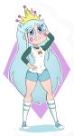  1girl blue_bottomwear blue_eyes blue_hair breasts clothed clothing collar cosplay crown curvy curvy_female curvy_figure disney disney_channel disney_xd eyes_visible_through_hair female female_only footwear full_body fully_clothed green_socks heart_cheeks horned_headwear jackie_lynn_thomas jackie_lynn_thomas_(cosplay) light_blue_shoes long_hair long_sleeves looking_at_viewer moon_butterfly necklace ohiekhe pose queen royal royalty seashell shell shirt shoes short_shorts shorts signature sitting skater_girl socks solo_female solo_focus sport_shoes star_vs_the_forces_of_evil stockings thick_thighs thighs tomboy topwear watermark white_background wide_hips 