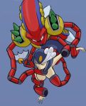  1boy 1girl android areolae armor armpits blue_background breast_sucking breasts capcom closed_eyes hanging_breasts headgear helmet hetero large_breasts launch_octopus launcher_octopuld looking_at_another mega_man mega_man_x mermaid monster_girl nude outstretched_arm parted_lips rape restrained robot rockman rockman_(classic) rockman_9 rockman_x simple_background spikes splash_woman tail tentacle white_eyes 