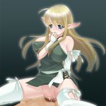  1boy 1girl ahoge bad_id blonde_hair blue_eyes blush breasts bridal_gauntlets censored clothed_female_nude_male cowgirl_position cum cum_in_pussy cum_inside deep_penetration elf girl_on_top huge_breasts long_hair no_panties pointy_ears pussy sex skirt solo_focus spread_legs straddling thighhighs tiffania_westwood tomio tomiwo vaginal white_legwear zero_no_tsukaima zettai_ryouiki 