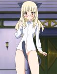  1girl animal_ears bare_legs blonde_hair blush bottomless brown_eyes cat_ears cat_tail catgirl covering covering_crotch dress_shirt glasses highres long_hair no_legwear no_panties perrine_h_clostermann photoshop shirt solo strike_witches tail 