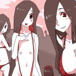  2chan aliasing bikini black_hair breasts flat_chest futaba_channel hair_over_one_eye large_breasts limited_palette looking_at_viewer lowres maid_headdress multiple_girls nijiura_maids oekaki outdoors ozoi red_eyes red_swimsuit sky sling_bikini smile string_bikini swimsuit 