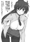  1girl big_breasts breasts huge_breasts lyrical_nanoha mahou_shoujo_lyrical_nanoha mahou_shoujo_lyrical_nanoha_a&#039;s mahou_shoujo_lyrical_nanoha_strikers monochrome necktie nipples open_clothes open_shirt panties panties_under_pantyhose pantyhose pencil_skirt shichimenchou shirt signum skirt skirt_pull solo text thighband_pantyhose translation_request underwear 