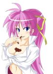  1girl between_breasts blue_eyes blush boshinote breasts chocolate chocolate_on_breasts cleavage licking long_hair looking_at_viewer lowres lyrical_nanoha mahou_shoujo_lyrical_nanoha mahou_shoujo_lyrical_nanoha_a&#039;s mahou_shoujo_lyrical_nanoha_a's mahou_shoujo_lyrical_nanoha_strikers navel pink_hair ponytail signum simple_background solo very_long_hair white_background 