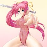  1girl areolae ayato blue_eyes breasts fishnet_top fishnets levantine long_hair lyrical_nanoha mahou_shoujo_lyrical_nanoha mahou_shoujo_lyrical_nanoha_a&#039;s mahou_shoujo_lyrical_nanoha_strikers pink_hair ponytail see-through signum solo swimsuit sword weapon 