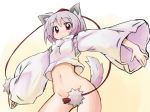  1girl :&lt; animal_ears bottomless censored convenient_censoring female groin hat hips inubashiri_momiji mirino momiji_inubashiri mound_of_venus navel outstretched_arms pink_hair red_eyes solo spread_arms sweatdrop tail tokin_hat touhou wide_sleeves wolf_ears 