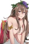  1girl 1girl 1girl all_fours areola aslind_samure big_breasts breasts brown_hair erect_nipples female_only female_solo flower granblue_fantasy hair_flower hair_ornament high_resolution huge_breasts long_hair looking_at_viewer nipples plain_background purple_eyes rosetta_(granblue_fantasy) simple_background smile very_high_resolution very_long_hair white_background 