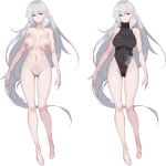  1:1_aspect_ratio 1girl 1girl arms_at_sides asymmetrical_bangs bangs bare_legs bare_shoulders barefoot big_breasts blue_eyes braid breasts character_sheet colored_pubic_hair covered_navel feet french_braid full_body girls_frontline gluteal_fold high_resolution highleg highleg_leotard ksvk_(girls_frontline) legs leotard long_hair mole mole_on_body navel nipples nude pandea_work parted_lips pubic_hair silver_hair simple_background single_sidelock standing tied_hair turtleneck very_long_hair white_background 