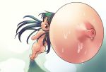  1girl ass barefoot breasts female from_above full_body green_hair inanimate long_hair man_(trance) nipples nude original puffy_nipples red_eyes sexually_suggestive solo umbrella what 