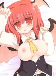  breasts fang female head_wings huge_breasts koakuma large_breasts long_hair nipples red_eyes red_hair ry solo the_embodiment_of_scarlet_devil touhou unbuttoned wings 