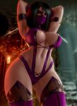  1girl alluring armlet armpits arms_up big_breasts black_hair breasts cleavage legs lingerie looking_at_viewer luminyu mask mileena mortal_kombat navel non-nude revealing_clothes sexy slut standing stockings stomach sword thick thick_thighs uniform wide_hips 