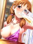  1girl 1girl 1girl alcohol areola bangs beer beer_mug big_breasts blazer blurry blurry_background blush breast_slip breasts breasts_out_of_clothes brown_eyes brown_hair cleavage crescent_earrings cup dress dress_pull dress_shirt drink drinking earrings erect_nipples eyebrows_visible_through_hair flashing grin idolmaster idolmaster jacket jewelry katagiri_sanae kobamiso_(kobalt) light_brown_hair long_hair looking_at_viewer low_twintails mug necklace nipples no_bra one_breast_out_of_clothes oppai_challenge orange_hair puffy_areolae pulled_by_self purple_dress red_eyes shirt short_hair sitting smile tareme teeth tied_hair twin_tails upper_body 