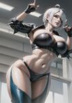  1girl ai_generated angel_(kof) bent_over big_breasts blue_eyes bra child_bearing_hips cleavage female_only fingerless_gloves grey_hair king_of_fighters leaning_forward legs looking_at_viewer navel short_hair smile snk strapless_bra thick_thighs thighs toned voluptuous 