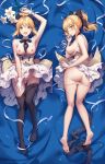  1girl 1girl areola artoria_pendragon artoria_pendragon_(lily) ass bangs bare_shoulders barefoot bed_sheet black_bow black_legwear blonde bow breasts dakimakura detached_collar dress dress_lift dress_pull eyebrows_visible_through_hair fate/unlimited_codes fate_(series) feet flower full_body gloves green_eyes hair_bow hair_ornament high_resolution index_acg kneepits legs lily_(flower) long_hair looking_at_viewer lying medium_breasts multiple_views nipples on_back on_stomach open_mouth panties panty_pull pantyhose pantyhose_pull pantyhose_removed ponytail posterior_cleavage ribbon smile soles tied_hair underwear undressing very_high_resolution white_dress white_gloves white_panties white_ribbon white_underwear 