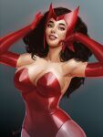  1girl april_(artist) armpits big_breasts black_hair blue_eyes breasts cleavage comic_book_character elbow_gloves gloves headgear leotard long_hair marvel pantyhose scarlet_witch smile 