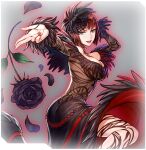 1girl anna_williams big_breasts black_flower black_rose blue_eyes bob_cut breasts brown_hair cleavage dress feather-trimmed_dress feather-trimmed_sleeves flower hair_ornament looking_at_viewer nail_polish namco official_art rose satoko_nakayama seductive_smile see-through see-through_dress smile tekken tekken_1 tekken_2 tekken_3 tekken_7