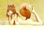  animal_ears breast_press breasts brown_hair holo horo inuyou inuzuka_yura long_hair lying nude on_stomach red_eyes spice_and_wolf tail wolf_ears 