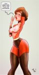  1girl bodysuit boots breasts cum cum_on_breasts cum_on_tongue english_text exposed_breasts helen_parr nipples speech_bubble standing the_incredibles thighs torn_bodysuit torn_clothes 