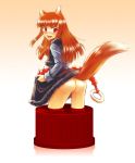 1girl animal_ears apple apples ass bad_pixiv_id blush bottle_cap brown_hair fang food fruit holding holding_apple holding_fruit holo horo long_hair no_panties red_eyes skirt skirt_lift solo spice_and_wolf tail tooyama_hirohito wolf_ears