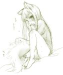  1girl animal_ears barefoot blush feet holo horo ikuta_takanon monochrome sketch solo spice_and_wolf tail translation_request 