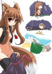  1boy 1girl animal_ears bad_id brown_hair craft_lawrence holo horo ideolo long_hair red_eyes spice_and_wolf tail thighhighs translated undressing wolf_ears 