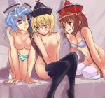  blush bottomless bra breasts erect_nipples flat_chest incest lunasa_prismriver lyrica_prismriver merlin_prismriver nipples no_panties nude panties short_hair small_breasts socks tears thighhighs topless touhou 