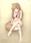  aisha_callaaisha animal_ears barefoot breasts crossed_legs feet full_body gradient gradient_background holo horo legs_crossed nude sitting solo spice_and_wolf tail wolf_ears 