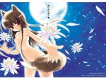  1girl animal_ears chimaro cowboy_shot flower full_moon holo horo lily_pad moon night night_sky nude original petals sky solo spice_and_wolf tail wolf_ears 