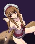  1girl arm_grab bottomless breasts brown_hair cl-55 girl_on_top holo horo long_hair lowres no_bra red_eyes sex solo_focus spice_and_wolf sweat tail 