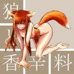  all_fours animal_ears brown_hair flat_chest holo horo kataharaitai_aesop long_hair nude red_eyes spice_and_wolf tail wolf_ears 