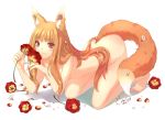  1girl animal_ears bad_id barefoot brown_hair cuteg fang flower holo horo long_hair nude red_eyes solo spice_and_wolf tail wolf_ears 