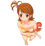  1girl :p a1 bikini breast_slip breasts brown_hair down_blouse downblouse flipped_hair from_above futami_ami idolmaster mami_futami nipples one_breast_out short_hair solo swimsuit tongue tongue_out undressing white_background 