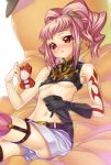  1girl anya_alstreim blush breasts code_geass erect_nipples gloves kink midriff navel pink_hair red_eyes sitting small_breasts solo tattoo thighhighs underboob 