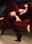  1girl arm_behind_head bangs black_hair blue_eyes blunt_bangs boots breasts breasts_outside couch dress from_side grin half-closed_eyes high_heel_boots high_heels huge_breasts indoors knee_up komii large_breasts legs_crossed long_sleeves looking_to_the_side miniskirt nico_robin nipples no_bra one_piece open_clothes open_dress open_shirt purple_boots purple_legwear reclining shirt shoes short_dress short_hair sitting skirt smile solo stiletto_heels thigh_boots thigh_high_boots thighhighs zettai_ryouiki 