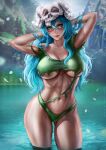  1girl 2023 alluring arms_up athletic_female big_breasts bikini bleach curvaceous curvy_body curvy_female curvy_figure dandon_fuga female_abs female_focus female_only fit_female green_hair high_res high_resolution jungle_girl jungle_outfit long_hair nelliel_tu_odelschwanck seductive_look swimsuit voluptuous voluptuous_female 