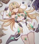  1girl alluring animal_ears bag bare_shoulders big_breasts blonde_hair breasts brown_bag cleavage closed_mouth elbow_gloves enni fox_ears gloves hair_between_eyes high_res long_hair looking_at_viewer lying medium_breasts mythra on_back shoulder_bag tiara white_gloves xenoblade_(series) xenoblade_chronicles_2 yellow_eyes 
