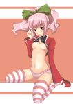  1girl aftersex anya_alstreim blush bow breasts code_geass condom condom_in_mouth cum flat_chest frilled_panties frills hair_bow kneeling mary_janes mouth_hold navel nipples no_pants panties pink_eyes pink_hair pink_panties ponytail shirt_lift shoes short_hair small_breasts solo striped striped_legwear striped_thighhighs sweat thighhighs turtleneck underwear used_condom yotsuha_(artist) 