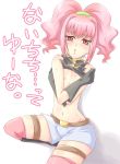  blush breasts code_geass flat_chest navel nipples pink_hair ponytail red_eyes shirt_lift shorts sweat thighhighs 